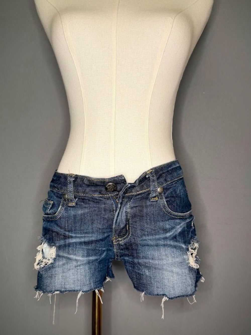 Machine Distressed Denim Cutoff Shorts Size S Low Rise Frayed Jean Shorts